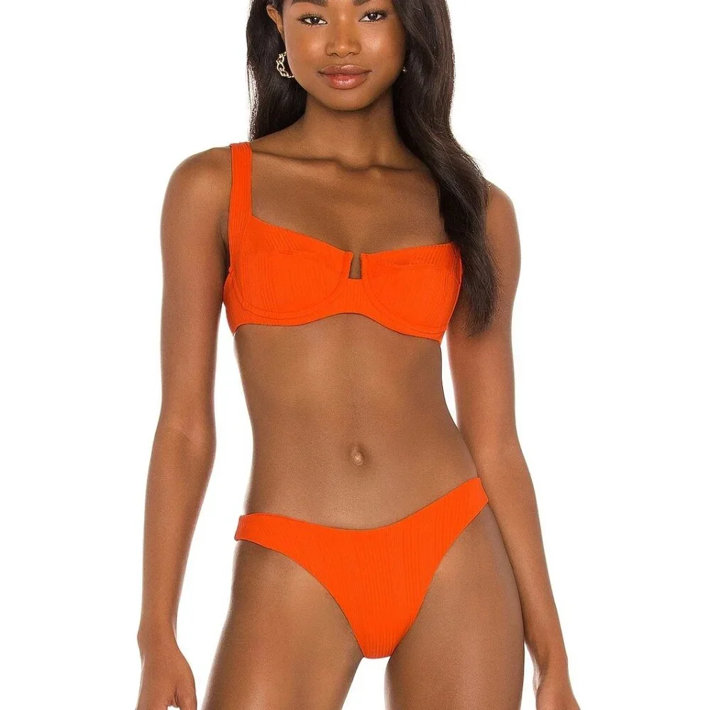 NWT L*Space Small Camellia Top Orange Poppy Tie Back Demi Cup Ribbed Swim